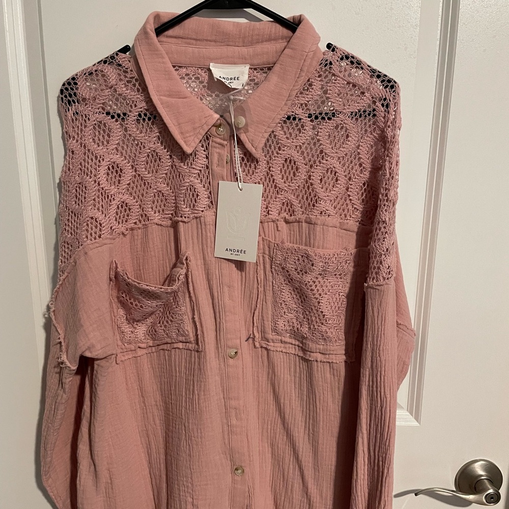 Pink Lace Detail Button-Up Shirt